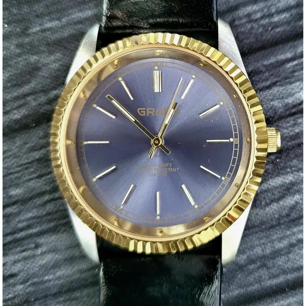 Rare Gruen 2 Tone Mens Dress Watch Satin Dial Fluted Bezel‎